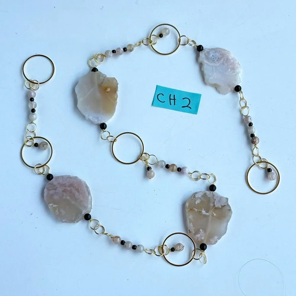 Flower Agate Black Onyx Hanging Polished Agate Slice & Beads Growth Creativity